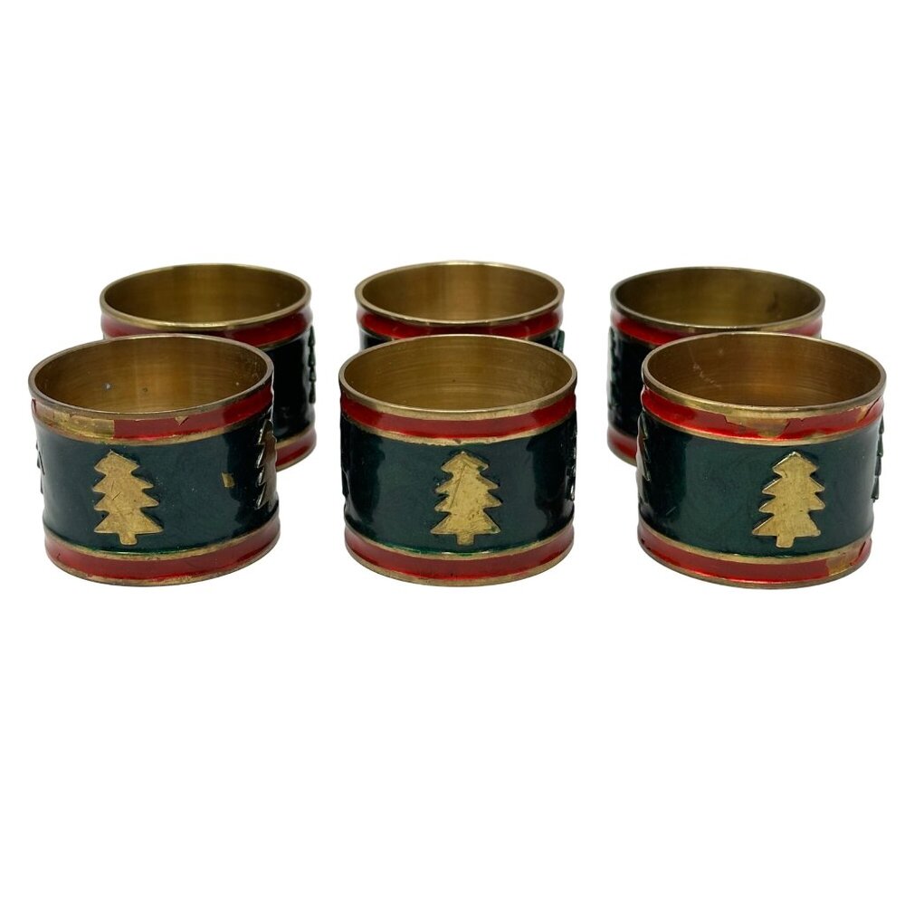 Pier 1 Brass Green Red Enamel Christmas Tree Napkin Rings Set of 6 READ